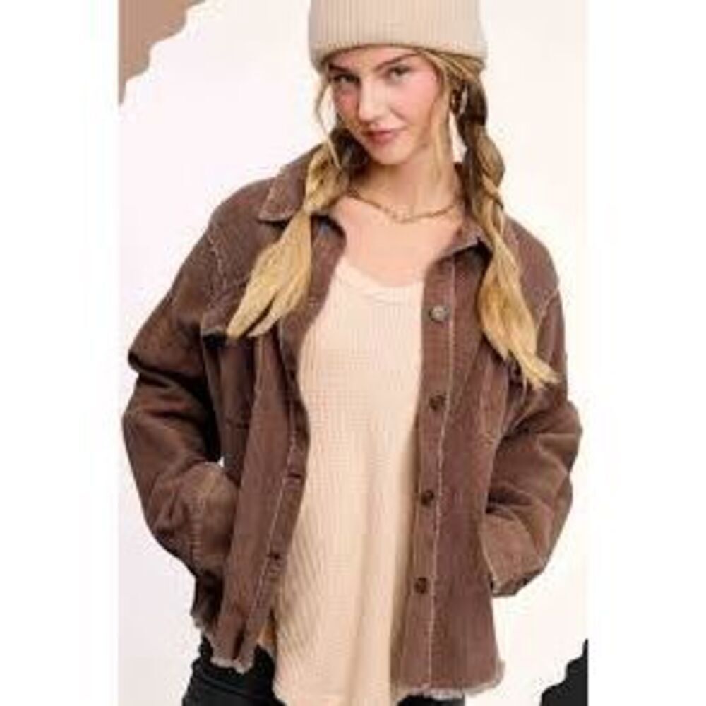La Miel Corduroy Jacket Shacket Sz L Frayed Hem Coffee